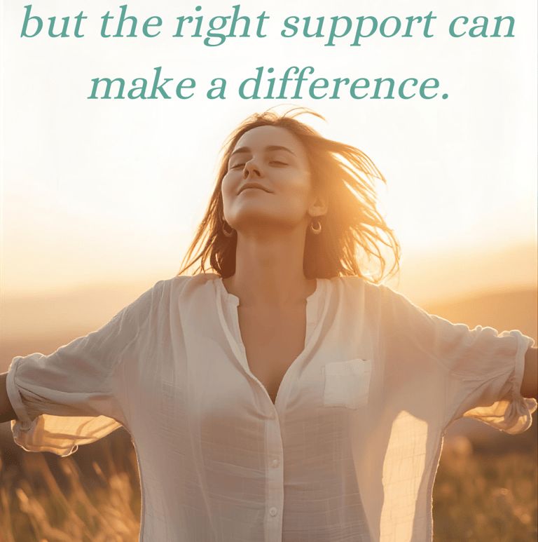 Woman feeling relief from IBS symptoms standing in a sunlit field with arms outstretched.